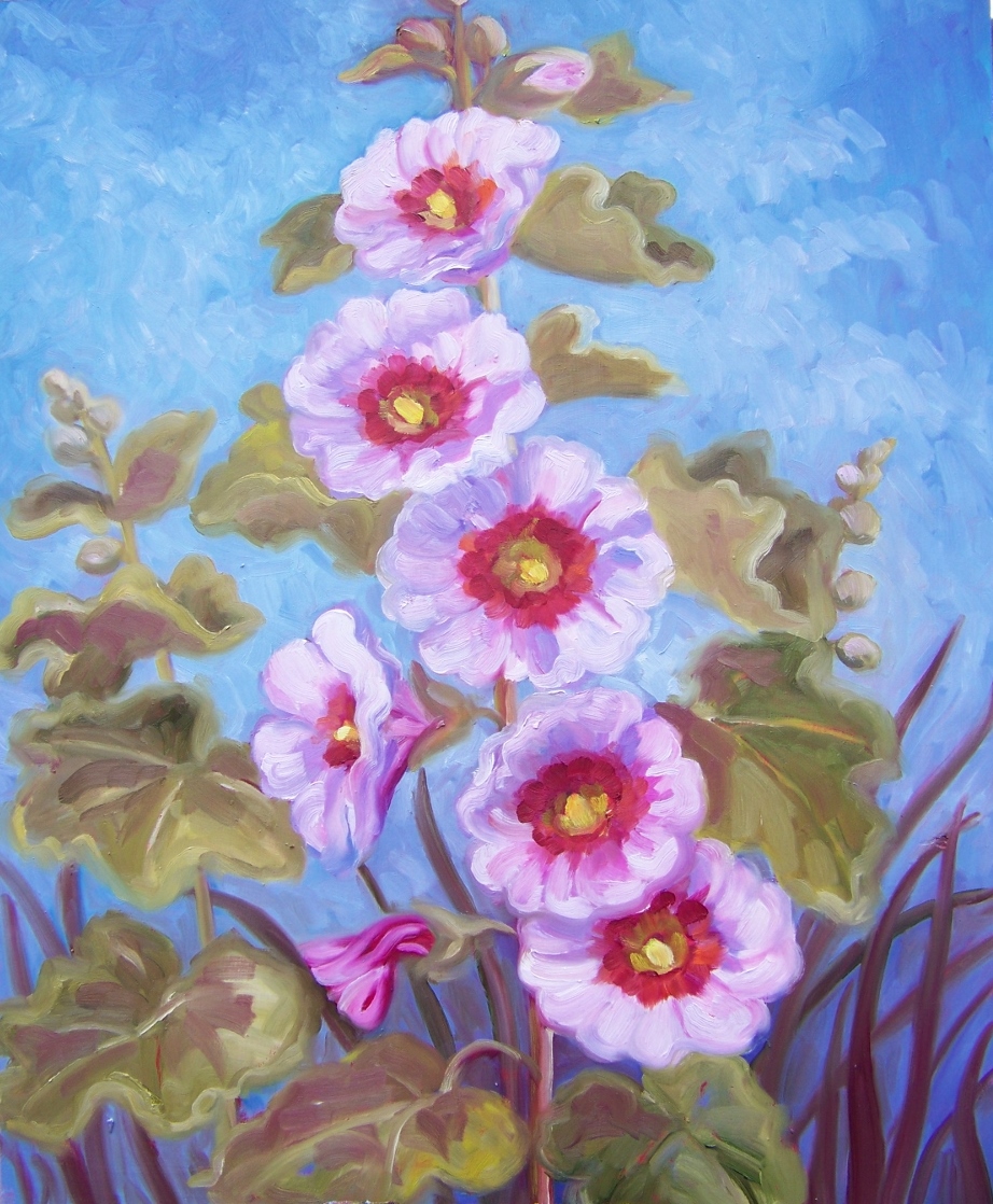 Holly Hocks oil on board