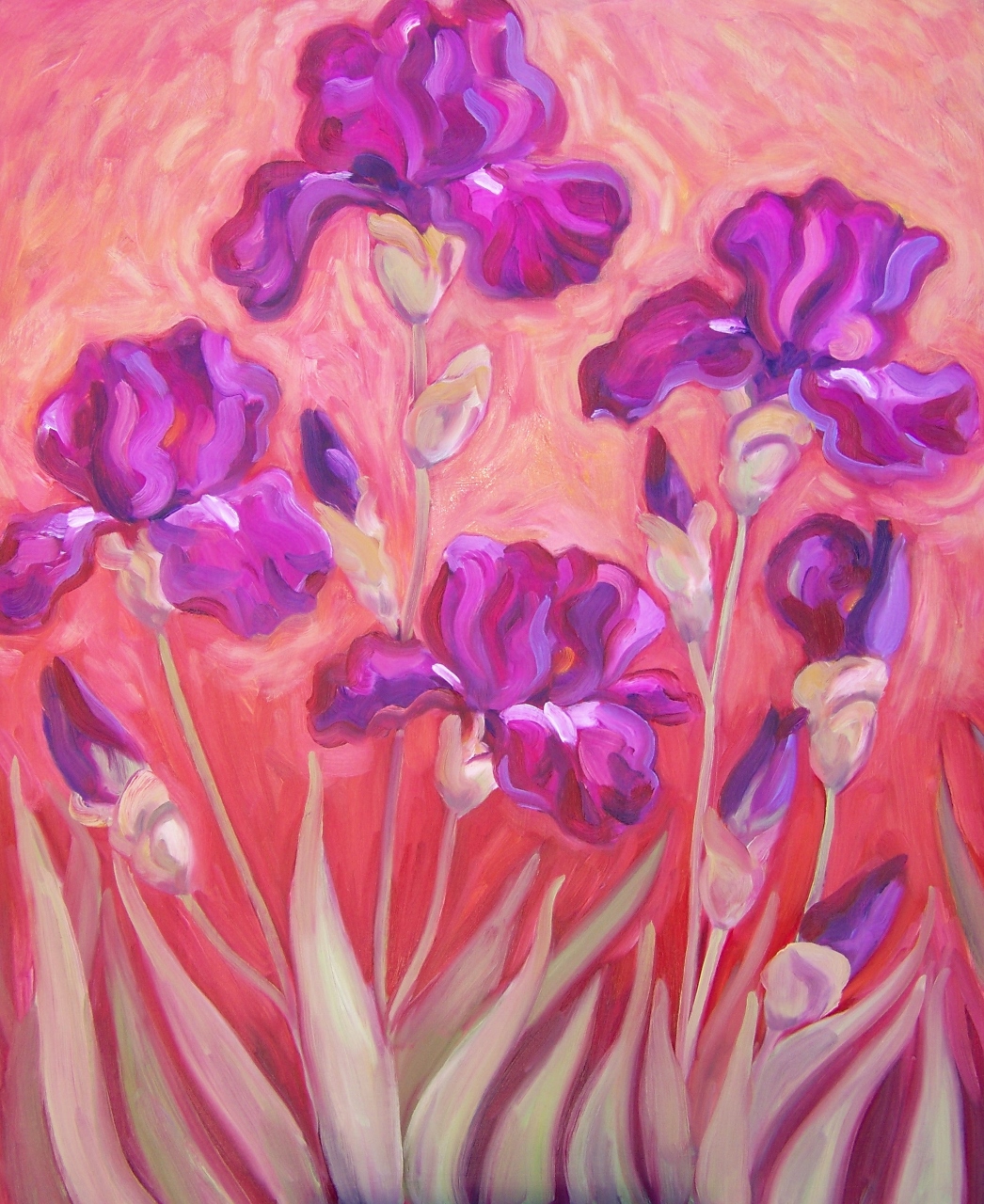 Purple iris on orange oil on board